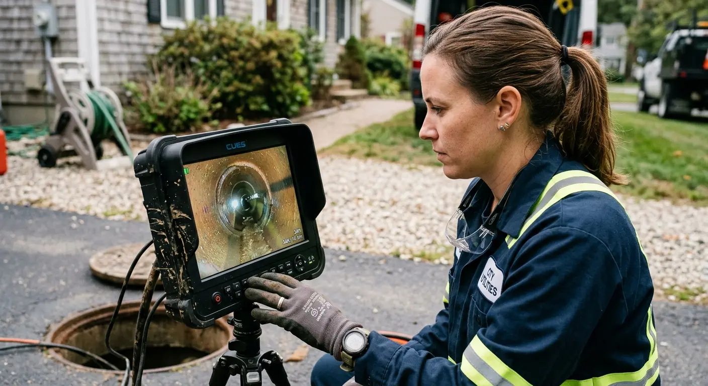 Technician reviewing sewer camera inspection footage in Euclid